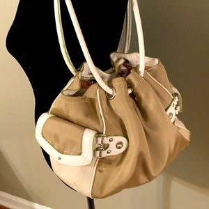 Cole Haan “Megan” gold nylon and white leather purse w lime green accents